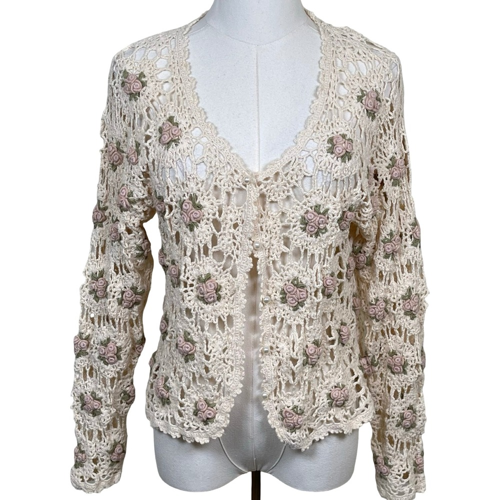 Vintage Style New York Crochet Rose Cardigan Women M Cream Floral Pearl Button